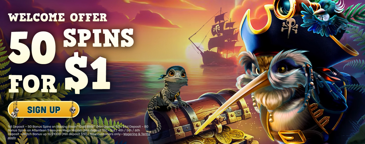 Kiwis treasure casino welcome offer 50 free spins for $1